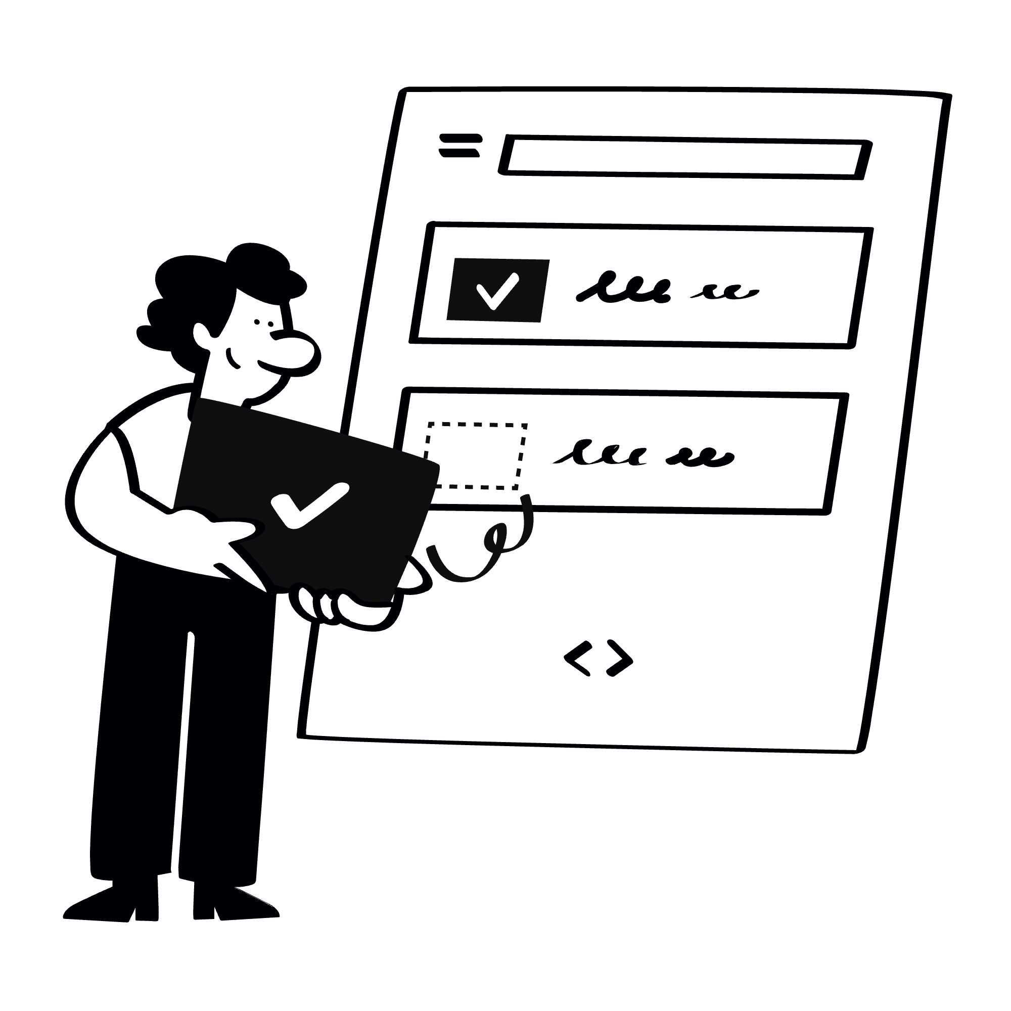 Black and white illustration representing explicit approval and completion of an administrative task