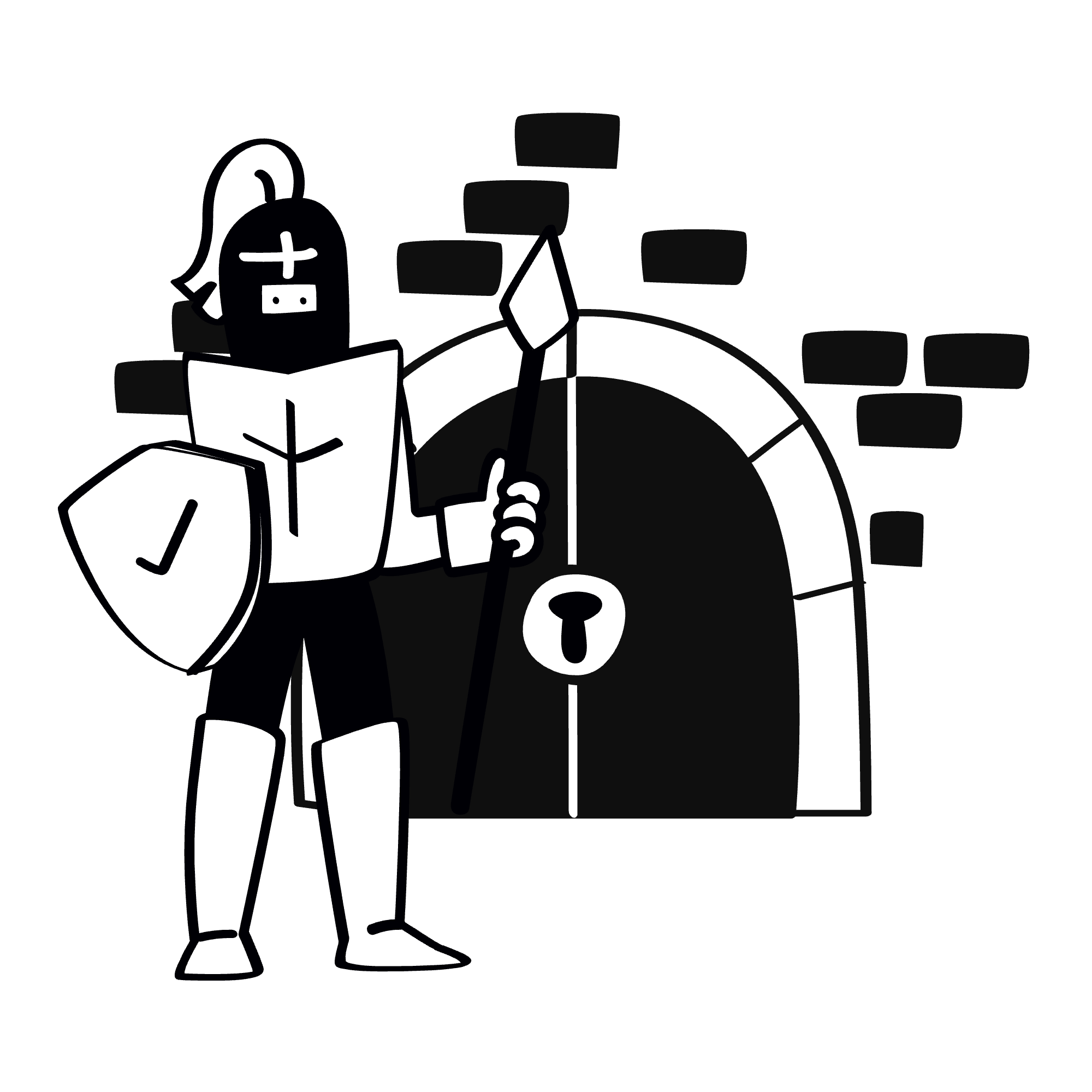 Black and white illustration representing security boundaries, verification, and protected access